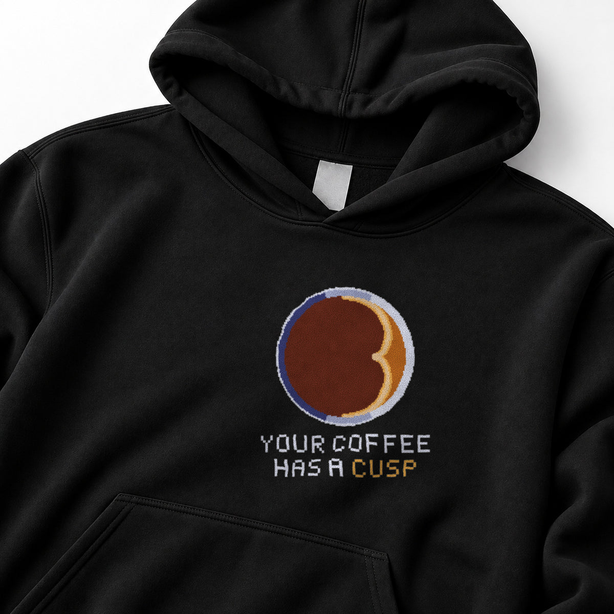 Black Caustic physics hoodie, pixel-art coffee-cup caustic (nephroid) design, front view