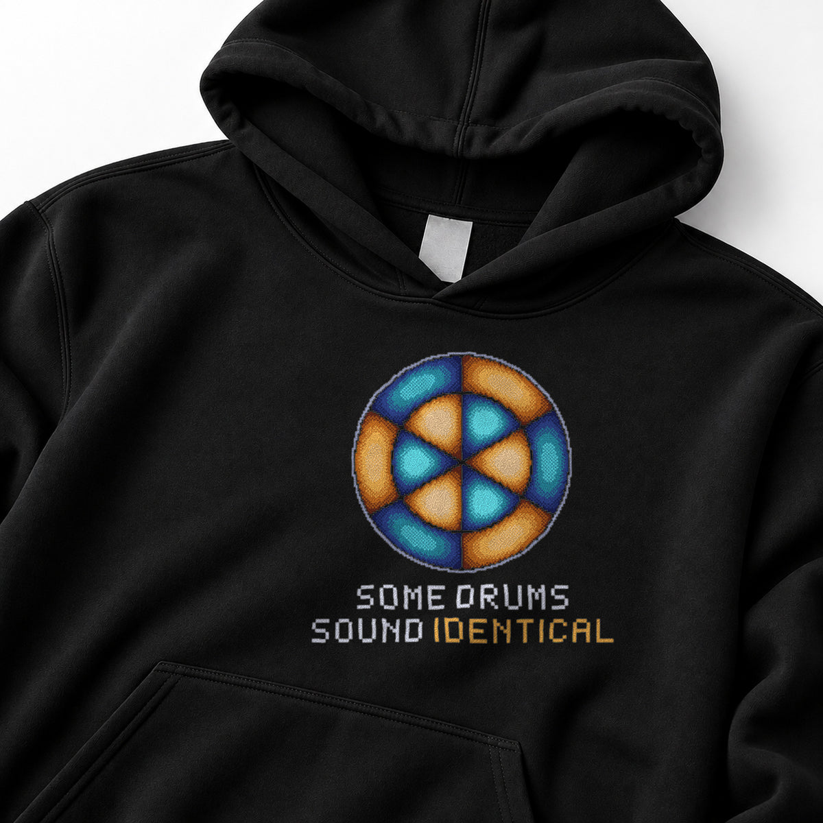 Black Drum Mode physics hoodie, pixel-art circular membrane vibration design, front view