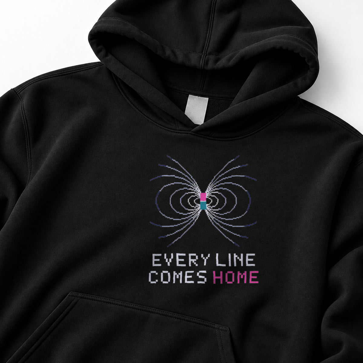 Black Magnetic Dipole physics hoodie, pixel-art magnetic dipole field design, front view