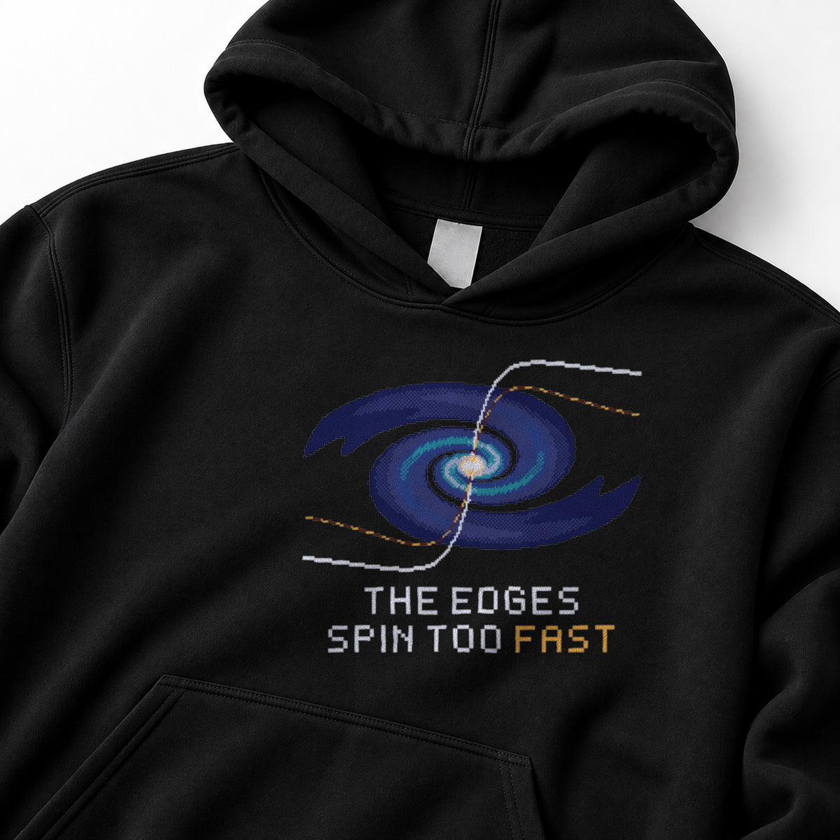 Black Rotation Curve physics hoodie, pixel-art galaxy rotation curve design, front view