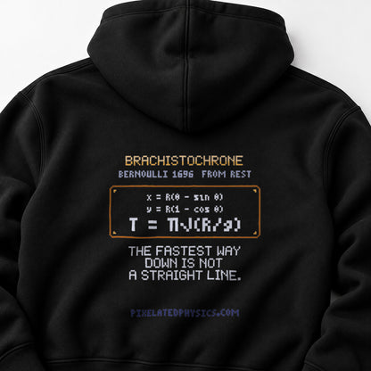 Black Brachistochrone physics hoodie, pixel-art brachistochrone cycloid design, back view
