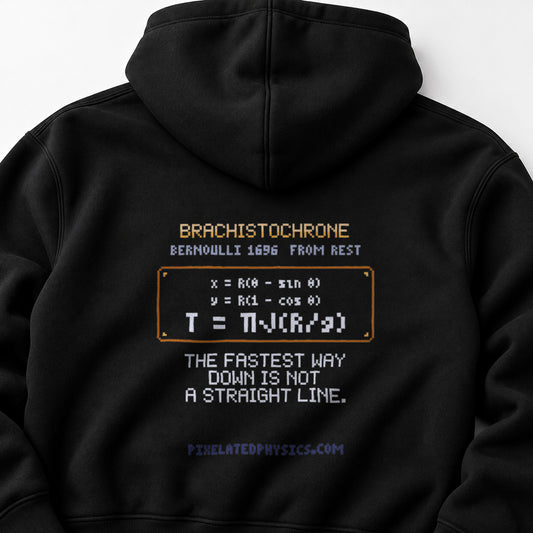 Black Brachistochrone physics hoodie, pixel-art brachistochrone cycloid design, back view