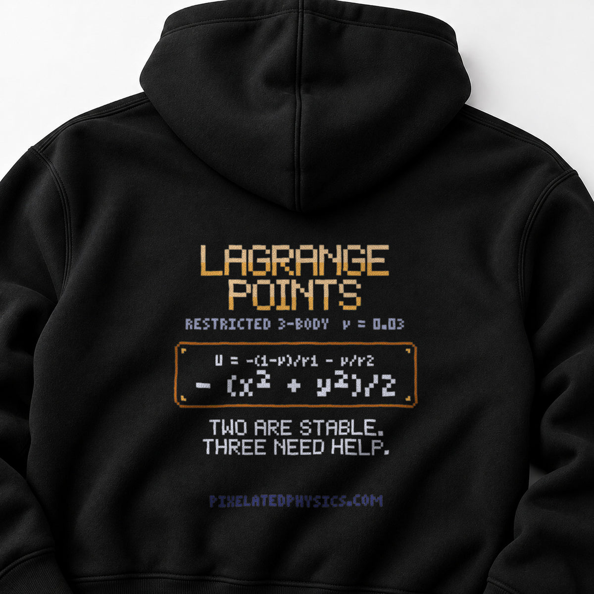 Black Lagrange Points physics hoodie, pixel-art Lagrange points design, back view