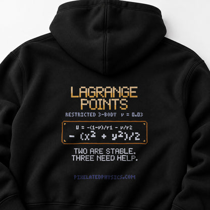 Black Lagrange Points physics hoodie, pixel-art Lagrange points design, back view
