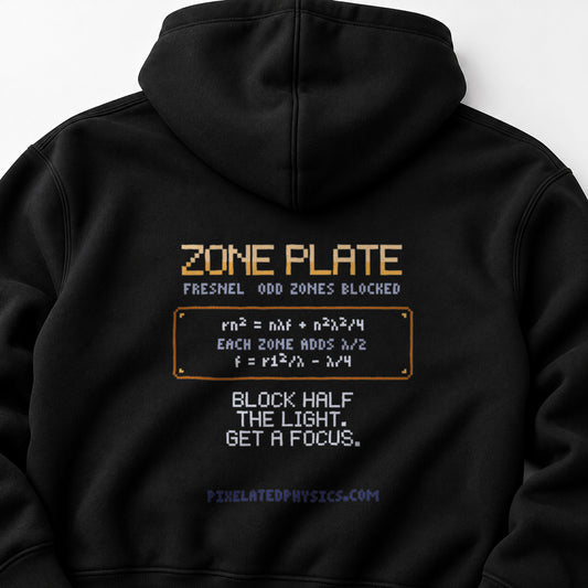 Black Zone Plate physics hoodie, pixel-art Fresnel zone plate design, back view