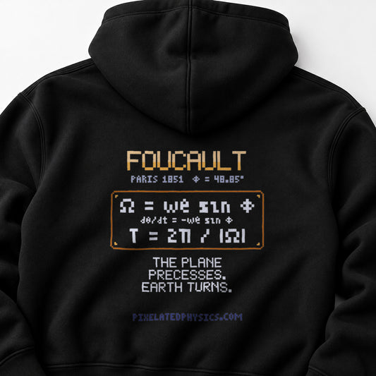Black Foucault physics hoodie, pixel-art Foucault pendulum / Earth rotation design, back view