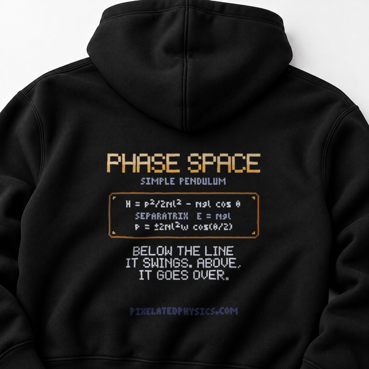 Black Pendulum Phase Space physics hoodie, pixel-art pendulum phase portrait design, back view