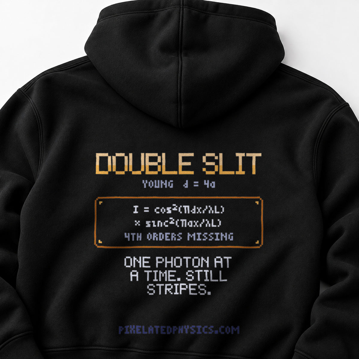 Black Double Slit physics hoodie, pixel-art double-slit interference design, back view