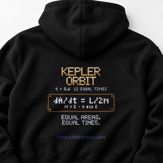 Black Kepler Orbit physics hoodie, pixel-art Kepler’s second law design, back view