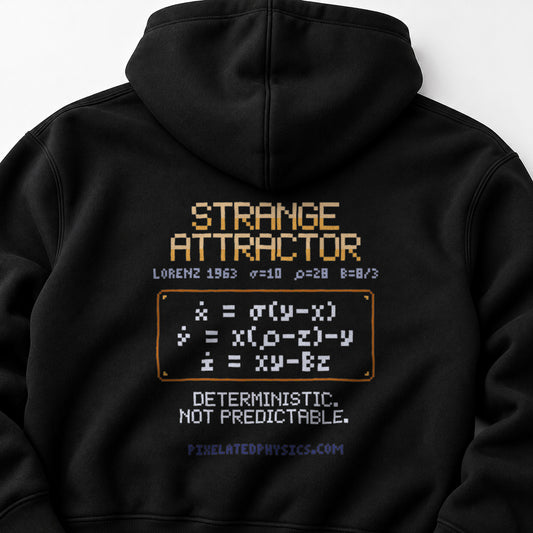 Black Strange Attractor physics hoodie, pixel-art Lorenz attractor design, back view
