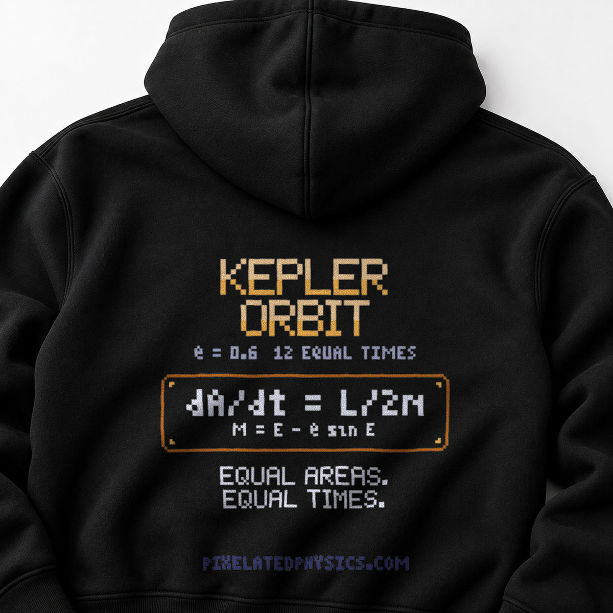 Black Kepler Orbit physics hoodie, pixel-art Kepler’s second law design, back view