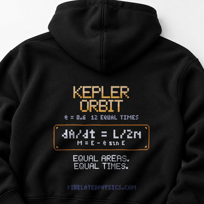 Black Kepler Orbit physics hoodie, pixel-art Kepler’s second law design, back view