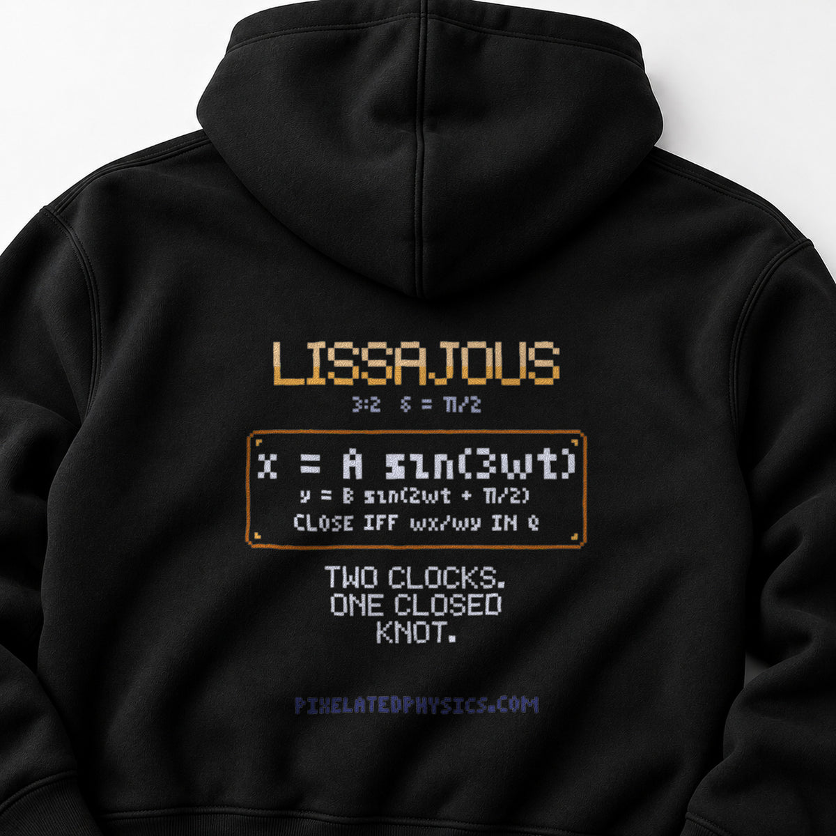 Black Lissajous physics hoodie, pixel-art Lissajous figure 3:2 phase π/2 design, back view
