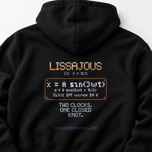 Black Lissajous physics hoodie, pixel-art Lissajous figure 3:2 phase π/2 design, back view