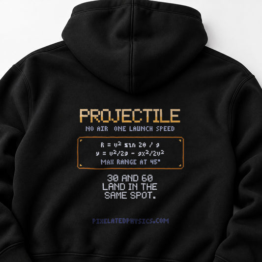 Black Projectile Range physics hoodie, pixel-art projectile trajectories and safety parabola design, back view