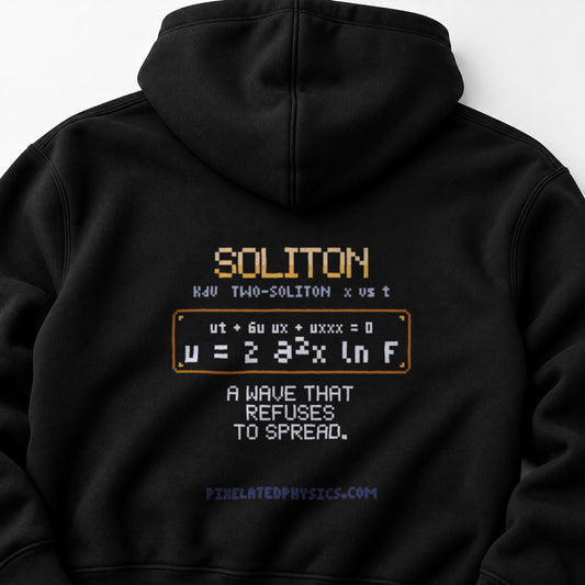 Black Soliton physics hoodie, pixel-art KdV soliton collision design, back view