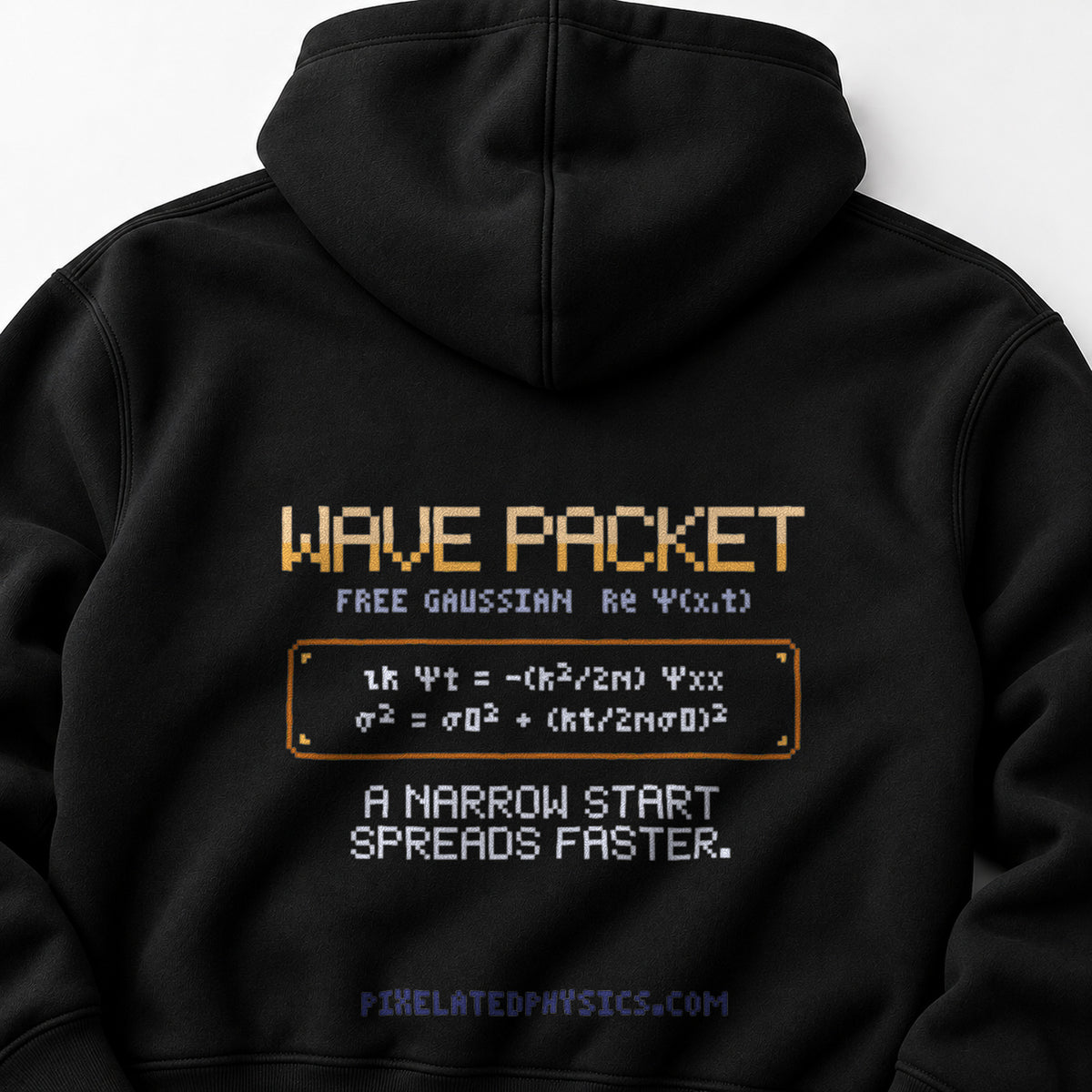 Black Wave Packet physics hoodie, pixel-art free wave packet spreading design, back view