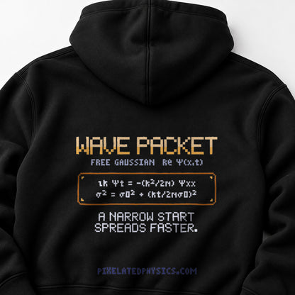 Black Wave Packet physics hoodie, pixel-art free wave packet spreading design, back view