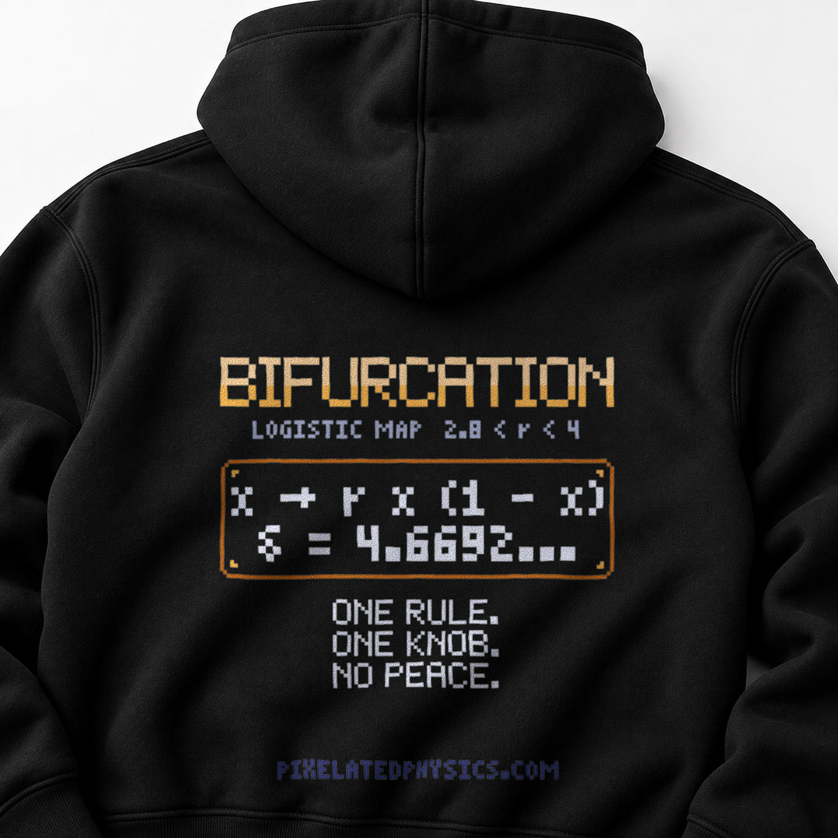 Black Bifurcation physics hoodie, pixel-art logistic map period doubling design, back view