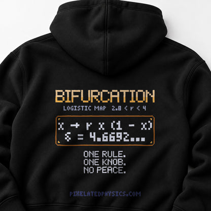 Black Bifurcation physics hoodie, pixel-art logistic map period doubling design, back view