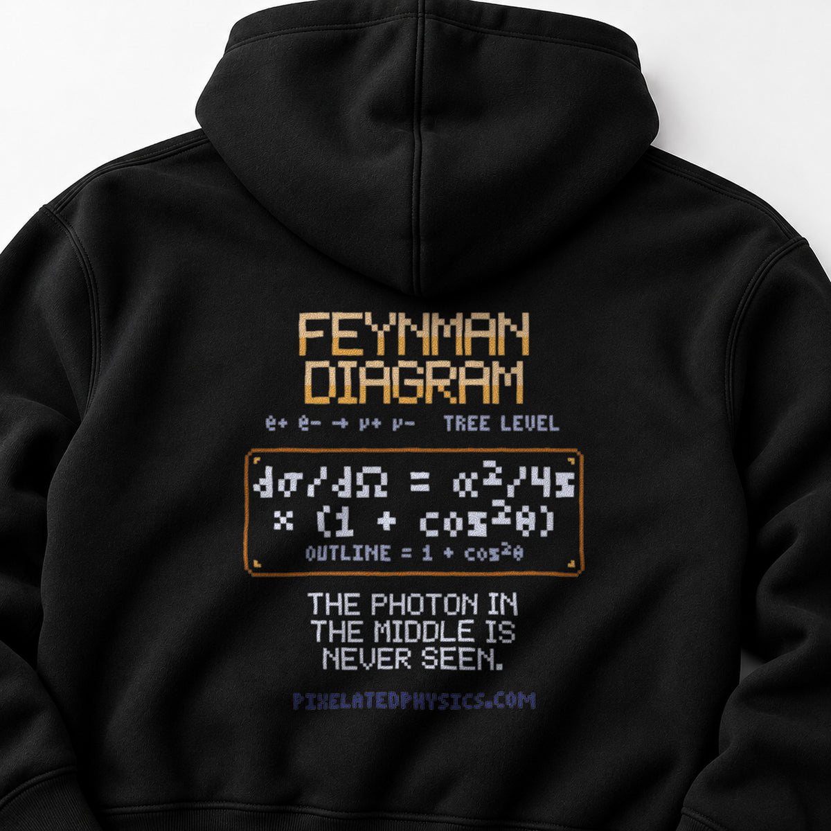 Black Feynman Diagram physics hoodie, pixel-art electron-positron annihilation design, back view