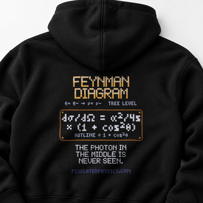 Black Feynman Diagram physics hoodie, pixel-art electron-positron annihilation design, back view