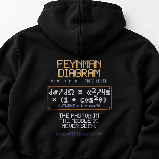 Black Feynman Diagram physics hoodie, pixel-art electron-positron annihilation design, back view