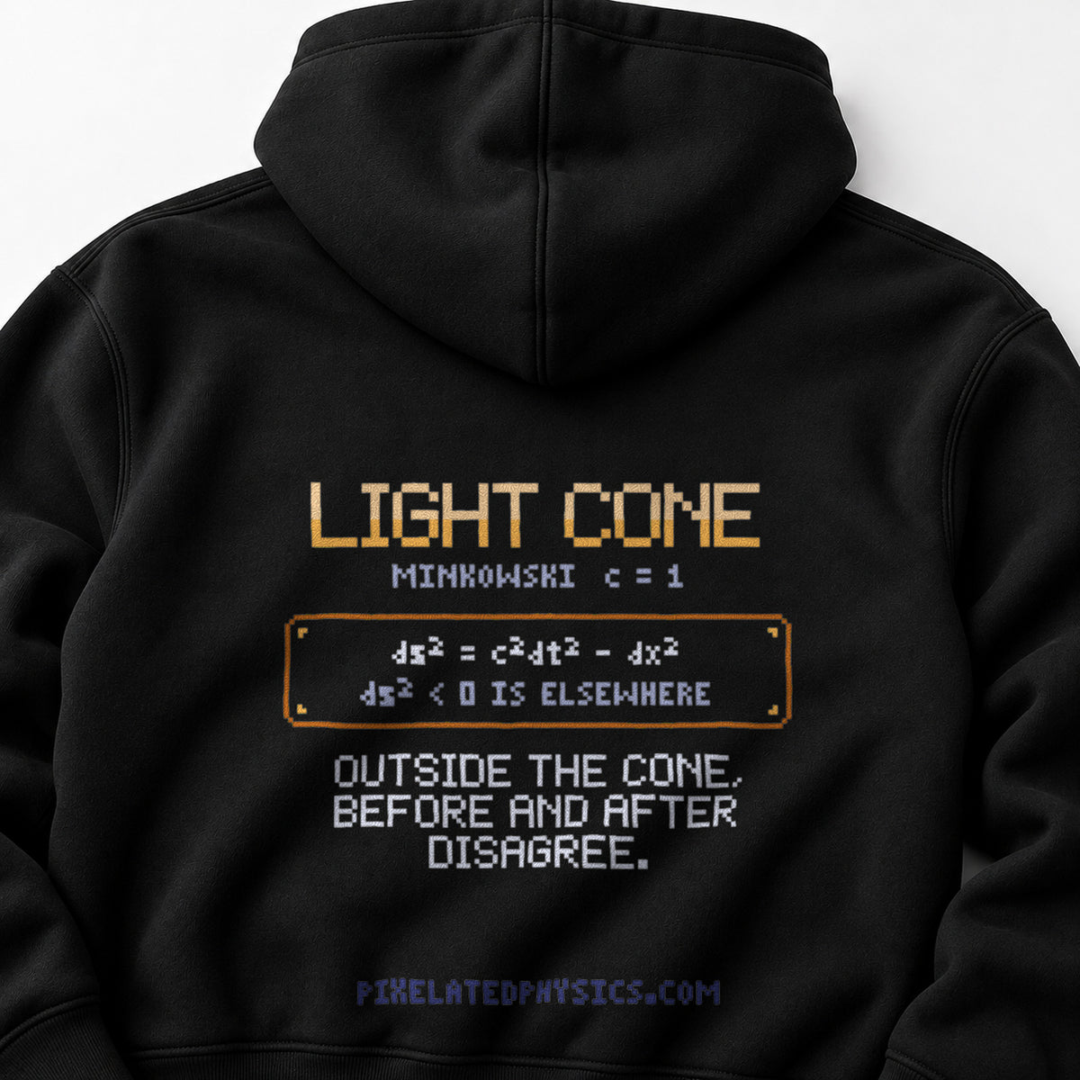Black Light Cone physics hoodie, pixel-art spacetime light cone design, back view