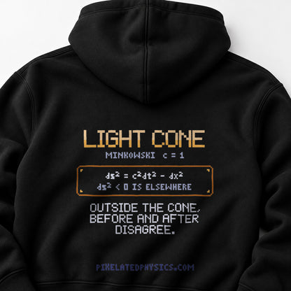 Black Light Cone physics hoodie, pixel-art spacetime light cone design, back view