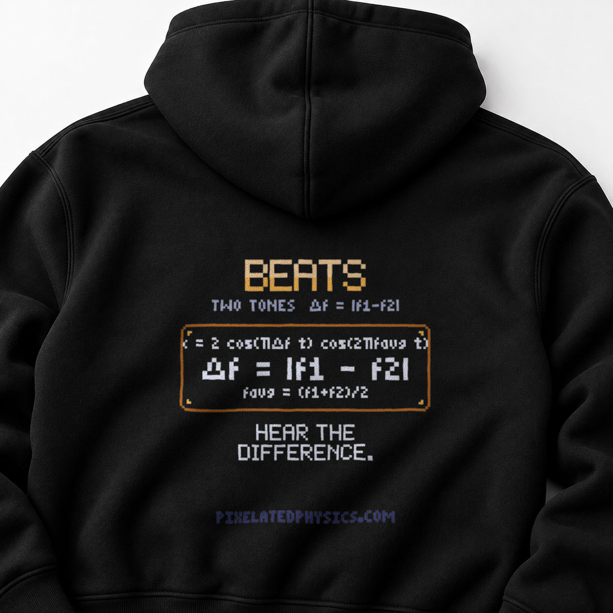 Black Beats physics hoodie, pixel-art acoustic beats from two close tones design, back view