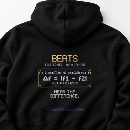 Black Beats physics hoodie, pixel-art acoustic beats from two close tones design, back view