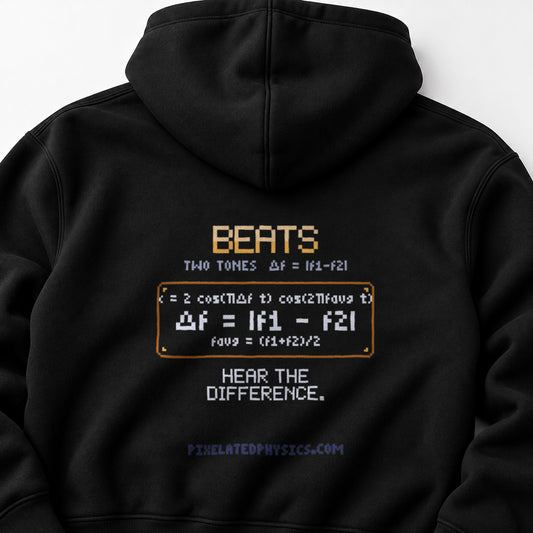 Black Beats physics hoodie, pixel-art acoustic beats from two close tones design, back view