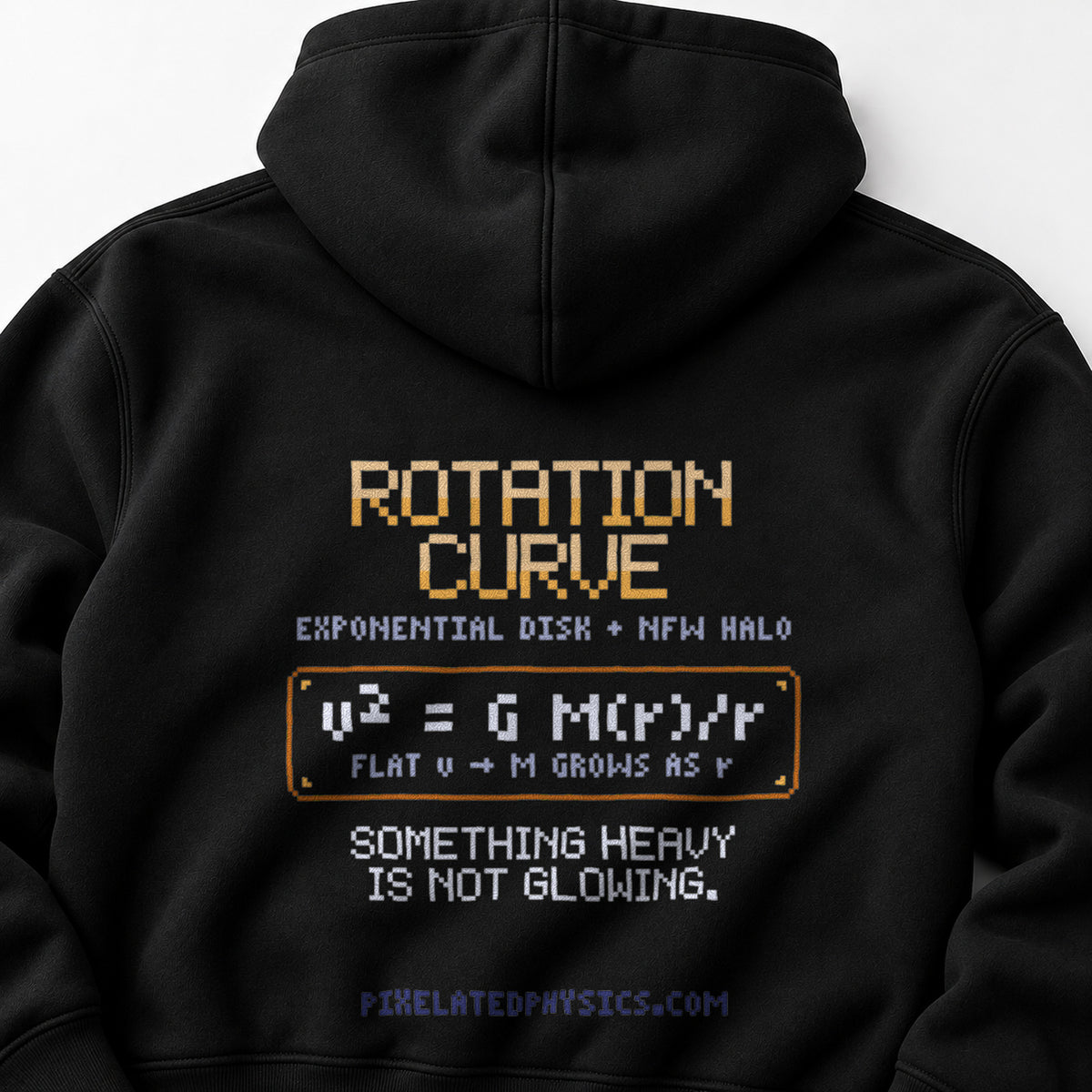Black Rotation Curve physics hoodie, pixel-art galaxy rotation curve design, back view