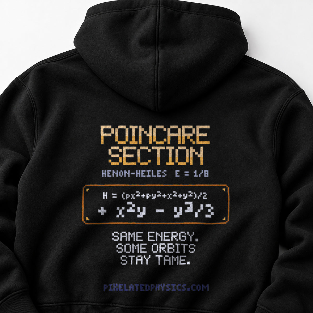 Black Poincaré Section physics hoodie, pixel-art Hénon–Heiles Poincaré section design, back view