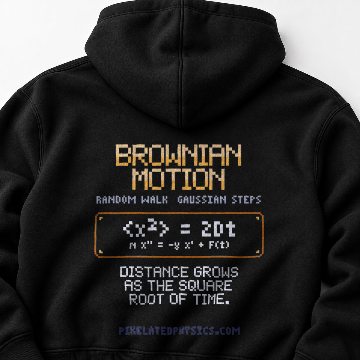 Black Brownian Motion physics hoodie, pixel-art Brownian motion design, back view