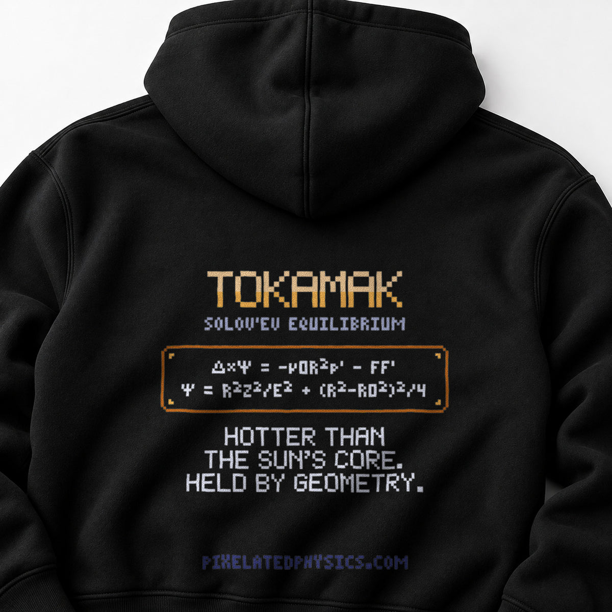 Black Tokamak physics hoodie, pixel-art tokamak magnetic flux surfaces design, back view