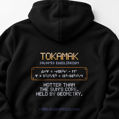 Black Tokamak physics hoodie, pixel-art tokamak magnetic flux surfaces design, back view