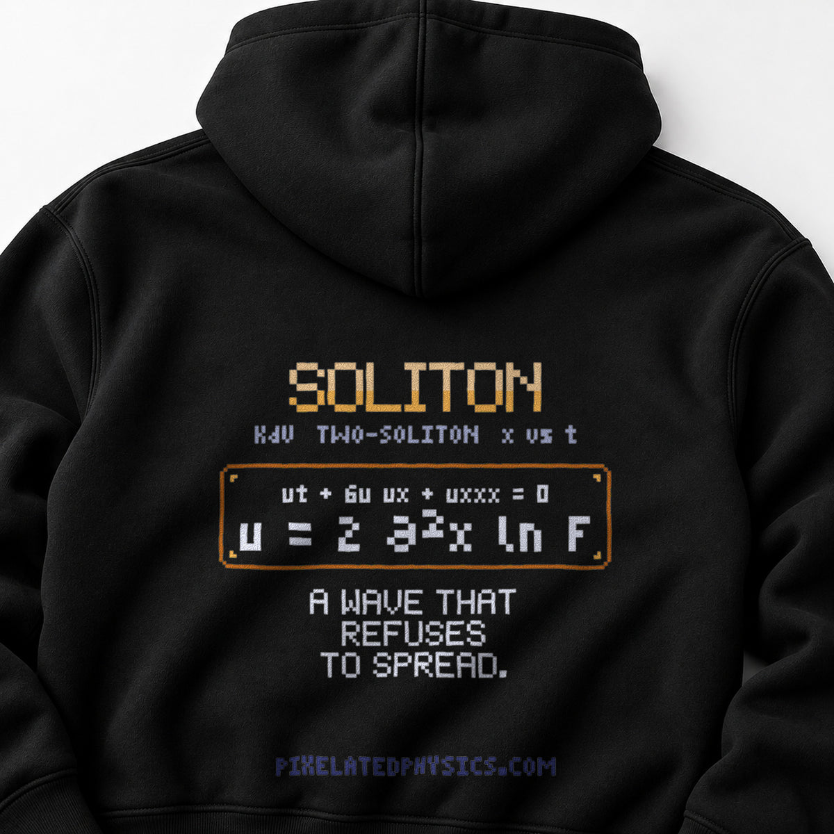 Black Soliton physics hoodie, pixel-art KdV soliton collision design, back view