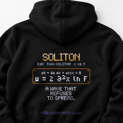 Black Soliton physics hoodie, pixel-art KdV soliton collision design, back view