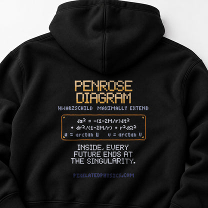 Black Penrose Diagram physics hoodie, pixel-art Schwarzschild spacetime design, back view