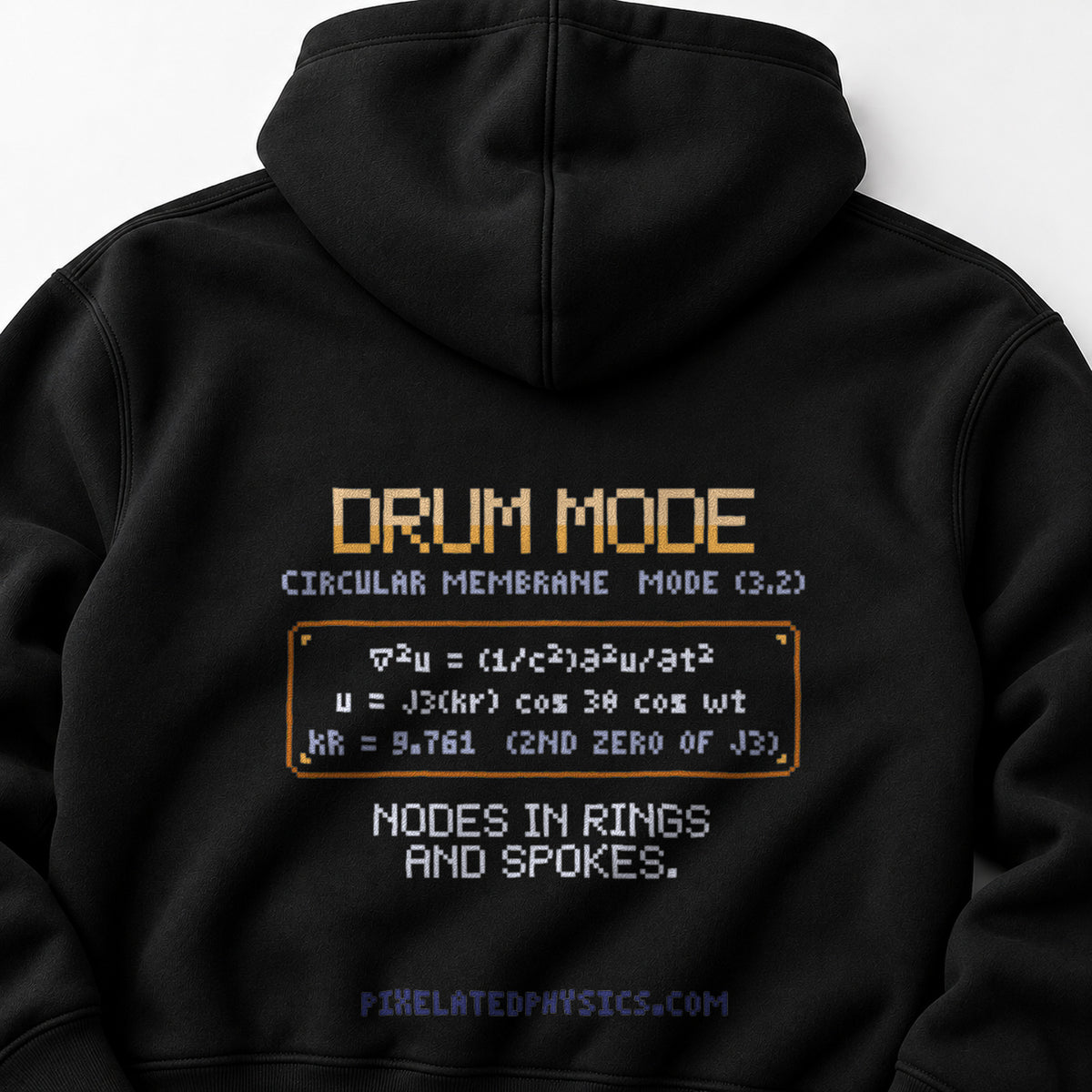 Black Drum Mode physics hoodie, pixel-art circular membrane vibration design, back view