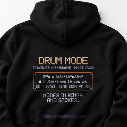 Black Drum Mode physics hoodie, pixel-art circular membrane vibration design, back view