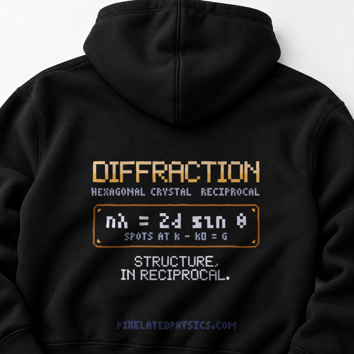 Black Diffraction physics hoodie, pixel-art crystal diffraction design, back view