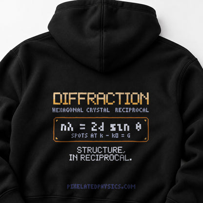 Black Diffraction physics hoodie, pixel-art crystal diffraction design, back view