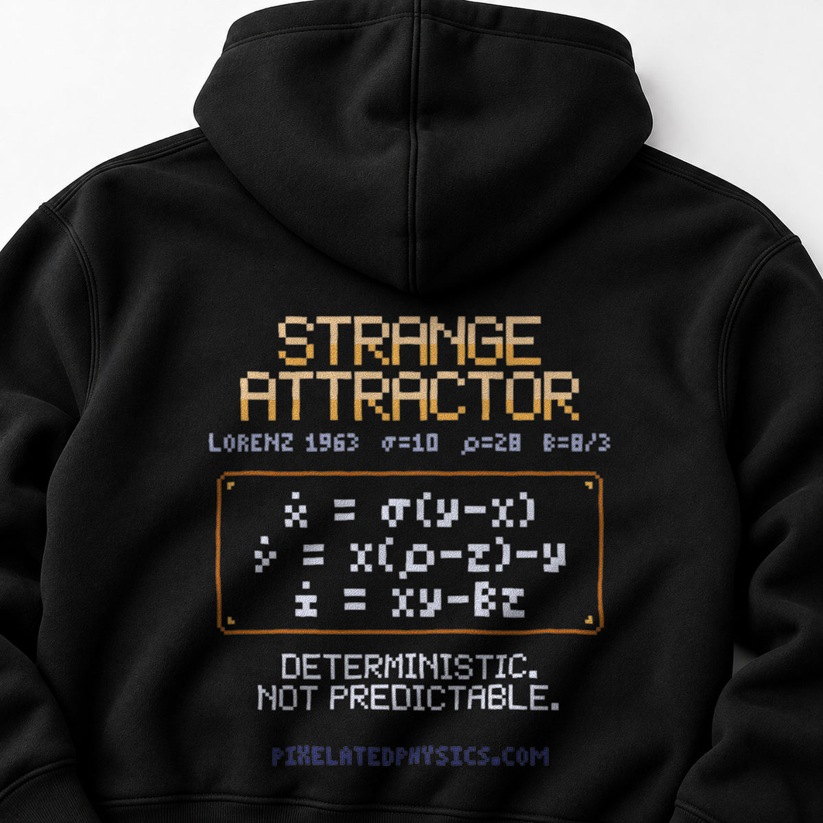 Black Strange Attractor physics hoodie, pixel-art Lorenz attractor design, back view