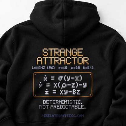 Black Strange Attractor physics hoodie, pixel-art Lorenz attractor design, back view