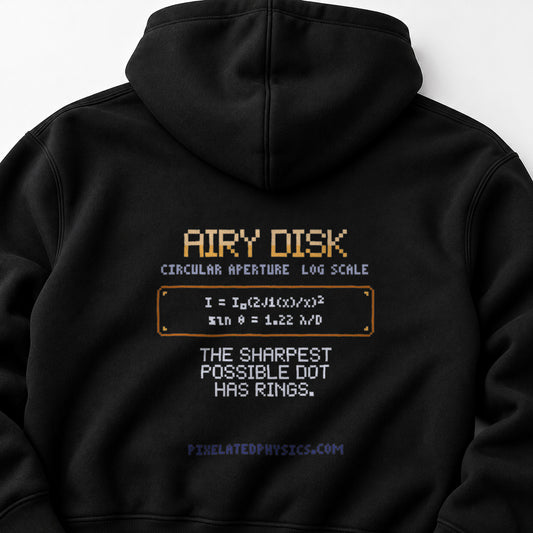 Black Airy Disk physics hoodie, pixel-art Airy diffraction pattern design, back view