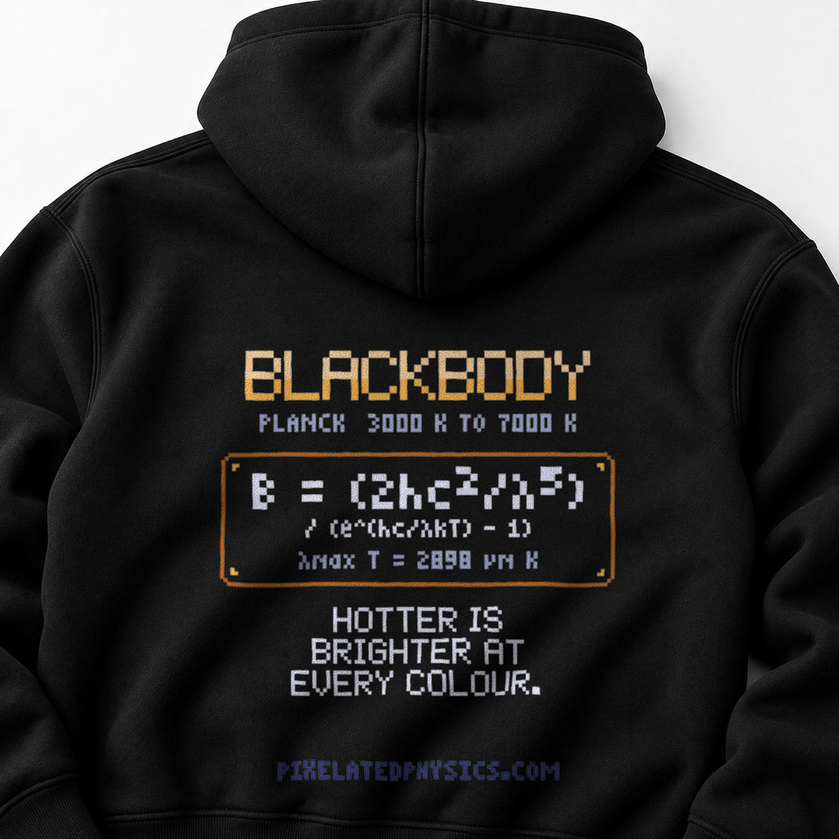 Black Blackbody physics hoodie, pixel-art blackbody radiation design, back view
