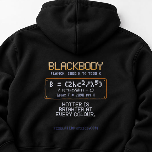 Black Blackbody physics hoodie, pixel-art blackbody radiation design, back view