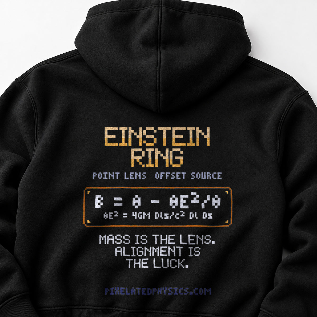 Black Einstein Ring physics hoodie, pixel-art gravitational lensing design, back view